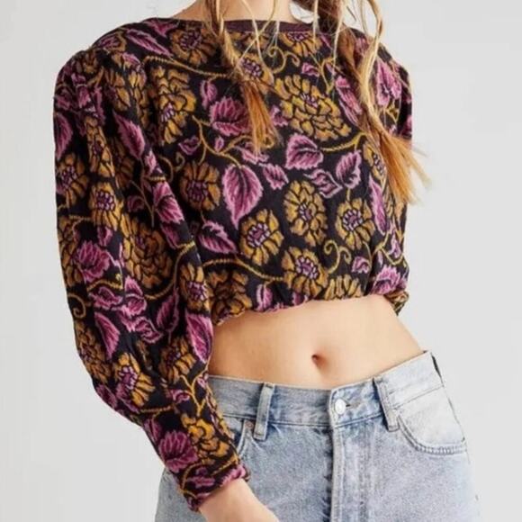Free People No‎ Ordinary Top Jaquard Sweatshirt M Black Purple Floral Cropped - Picture 2 of 12